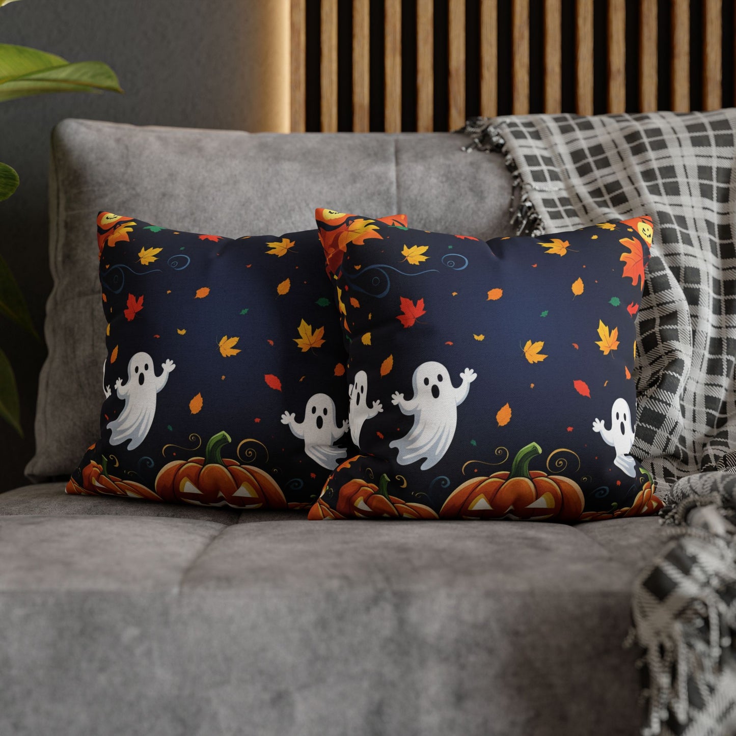 Fall Halloween Pillowcase with Pumpkins, Ghosts & Autumn Leaves – Festive Throw Pillow Cover for Seasonal Home Decor