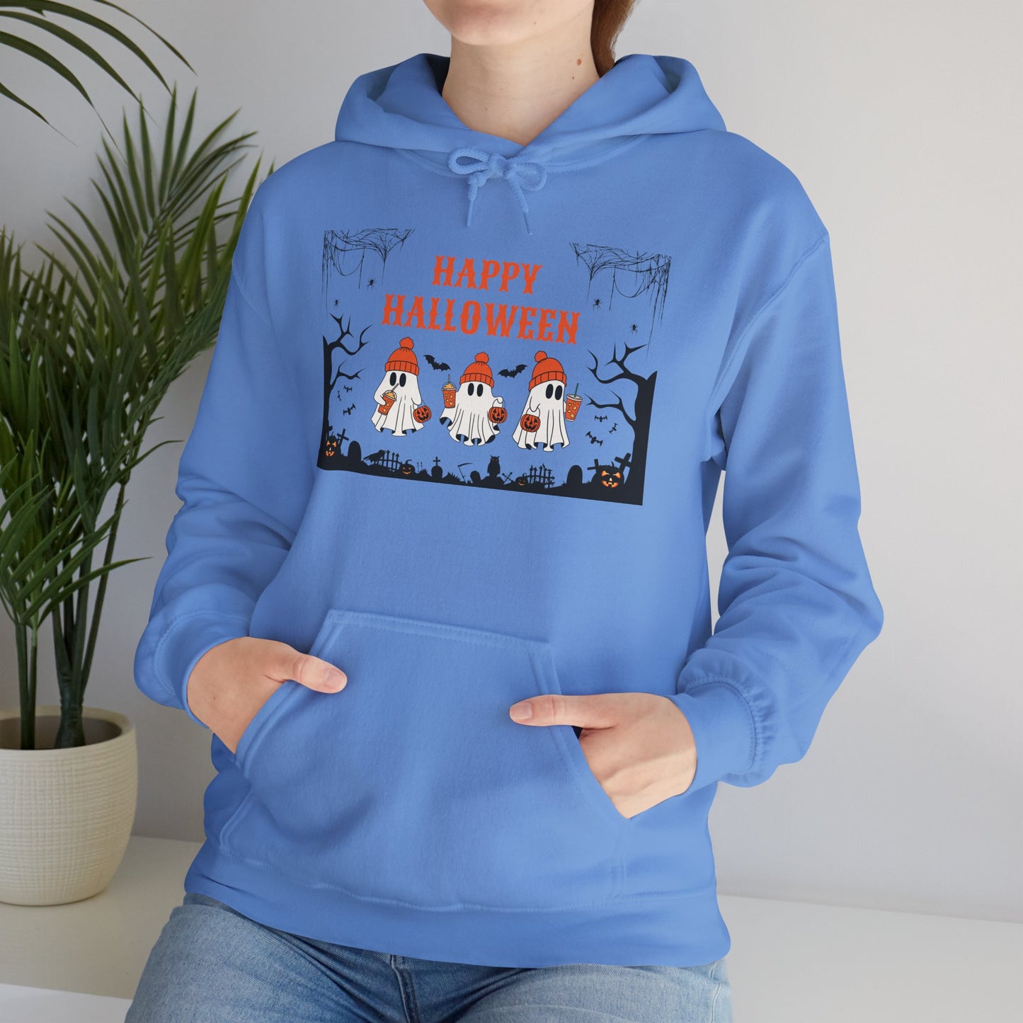 Happy Halloween” Ghost Hoodie – Pumpkin Parade in Haunted Forest