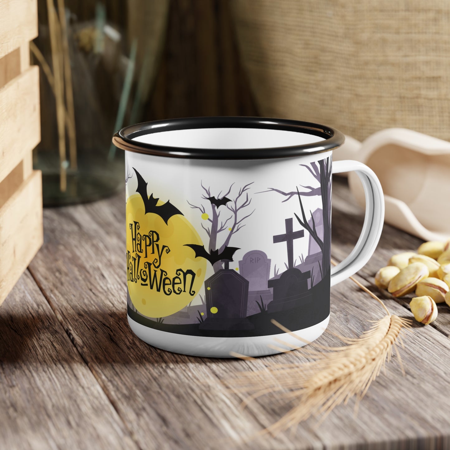 Happy Halloween Enamel Camp Cup – Whimsical Moon and Graveyard Design