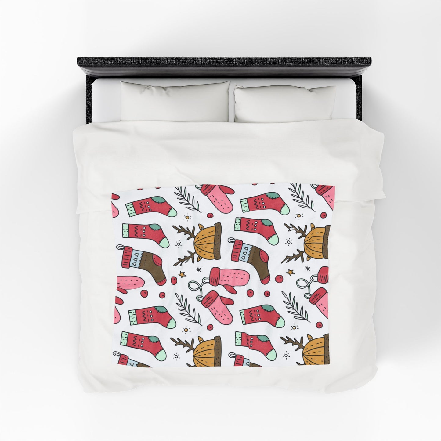 Holiday Print Velveteen Plush Blanket – Reindeer, Mittens & Stockings Design