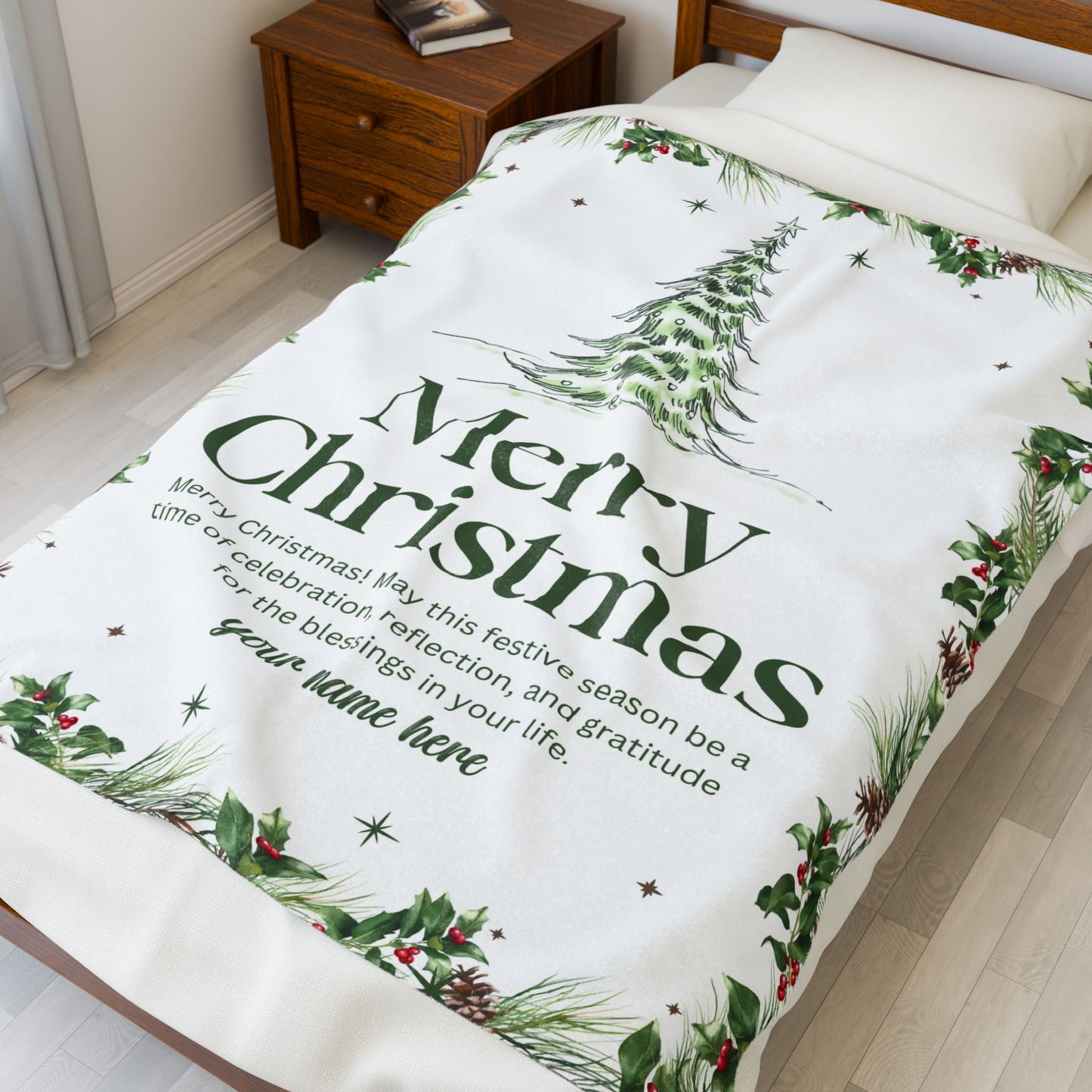 Personalized White Christmas Tree Blanket – Festive Holiday Throw with Heartfelt Message