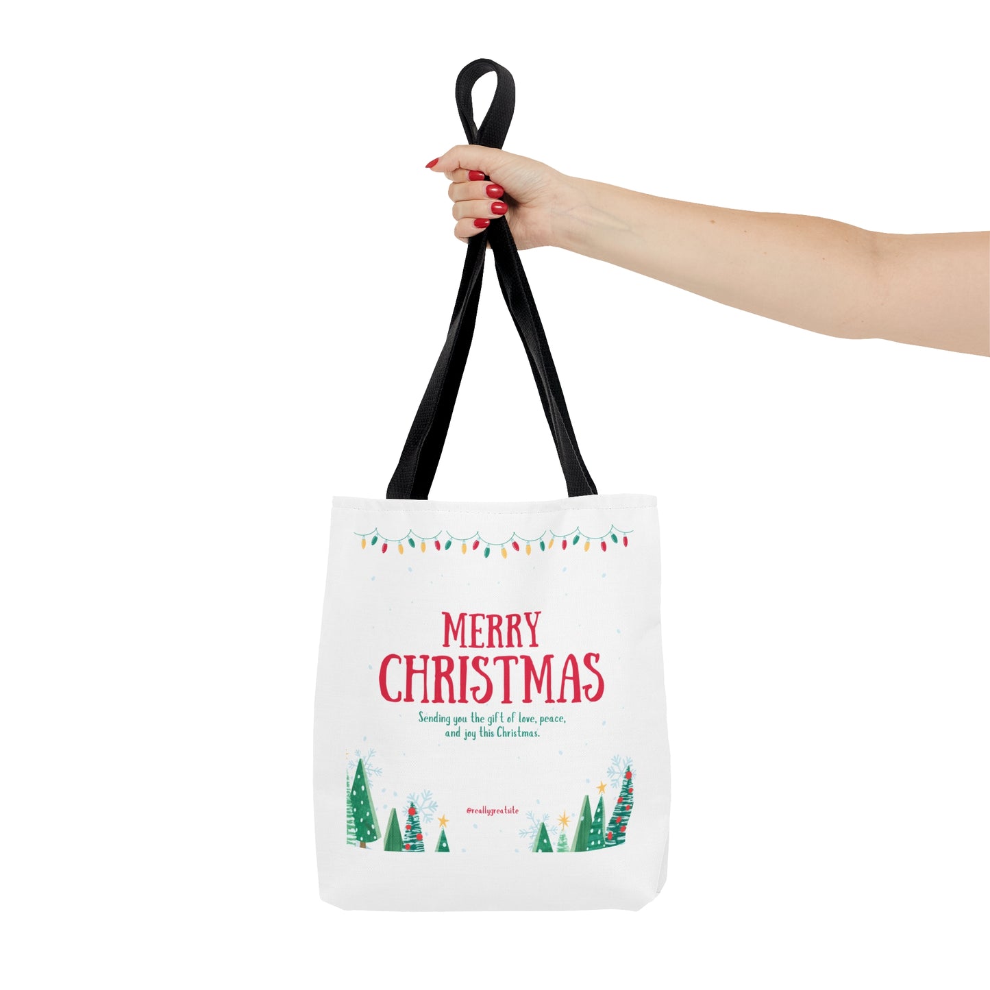 Tote Bag – “MERRY CHRISTMAS” with Lights, Tree Row & Holiday Message – Gift for Festive Errands & Seasonal Cheer
