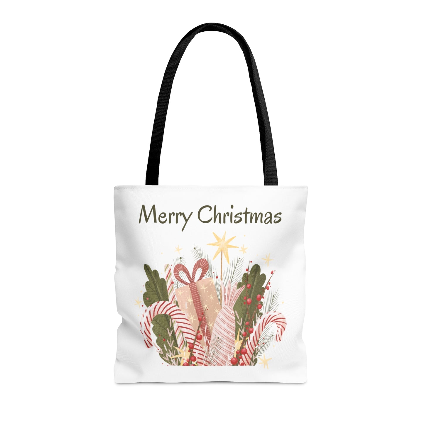 Christmas Tote Bag with “Merry Christmas” Gift Design – Durable All-Over Print Holiday Carryall in 3 Sizes