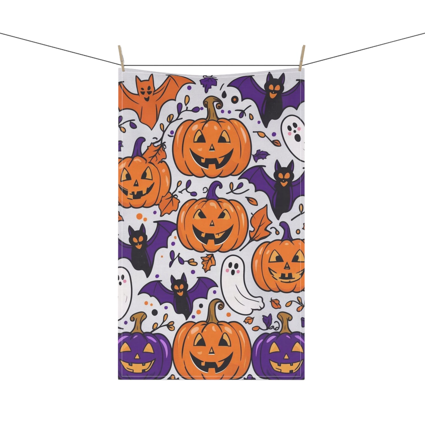 Smiling Jack-O’-Lantern Halloween Tea Towel – Ghosts, Bats, and Autumn Leaves