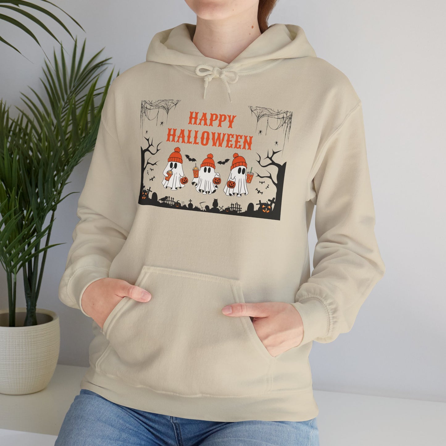 Happy Halloween” Ghost Hoodie – Pumpkin Parade in Haunted Forest