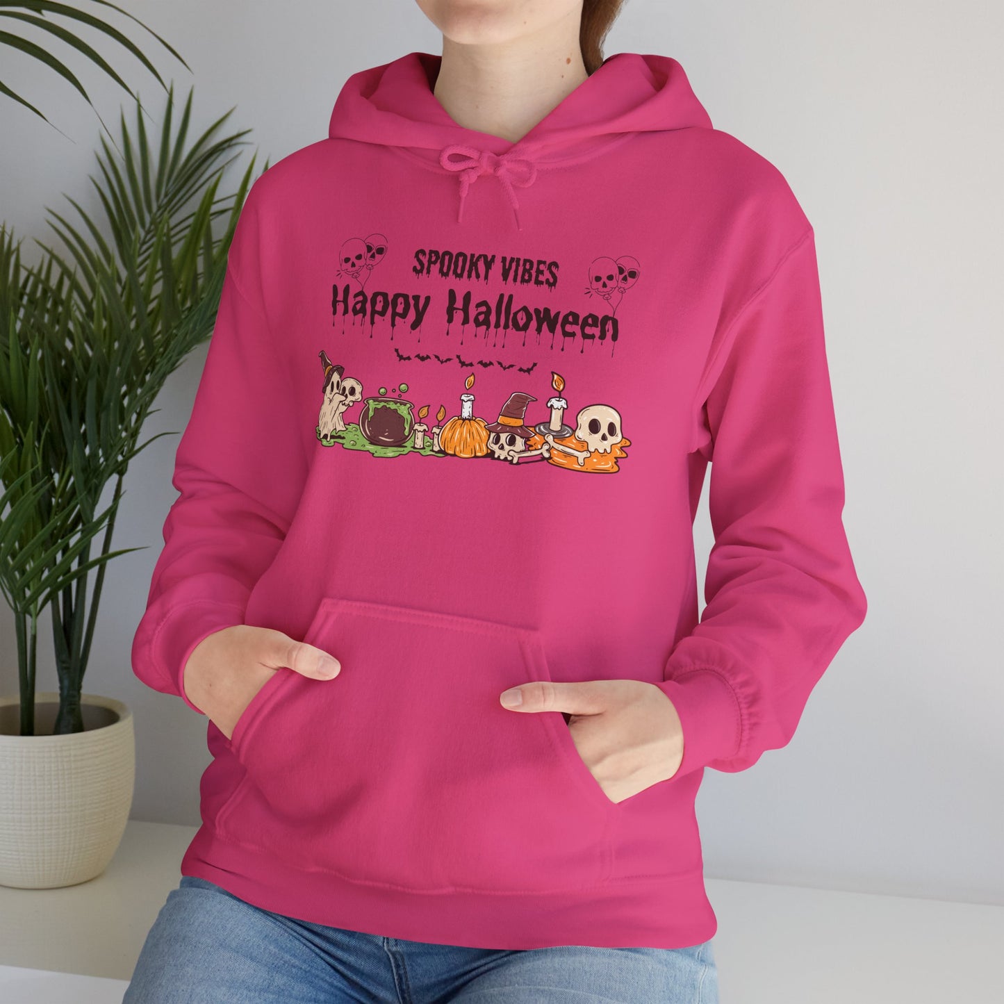 Spooky Vibes” Halloween Hoodie – Ghosts, Cauldrons & Cozy Curses
