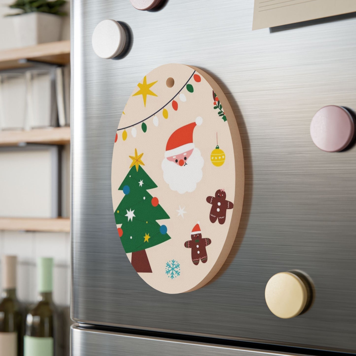 Wooden Bell Ornament – Green Christmas Design with Wreaths, Gingerbread & Santa Hat – Rustic Holiday Décor with Magnetic Back