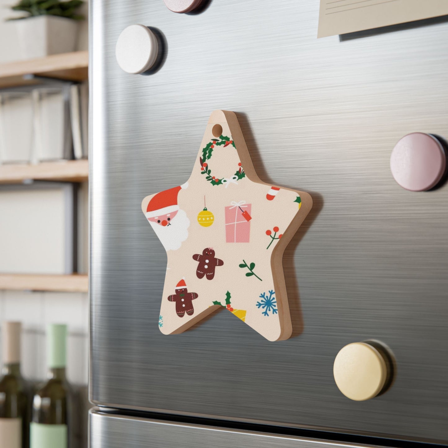 Wooden Bell Ornament – Green Christmas Design with Wreaths, Gingerbread & Santa Hat – Rustic Holiday Décor with Magnetic Back