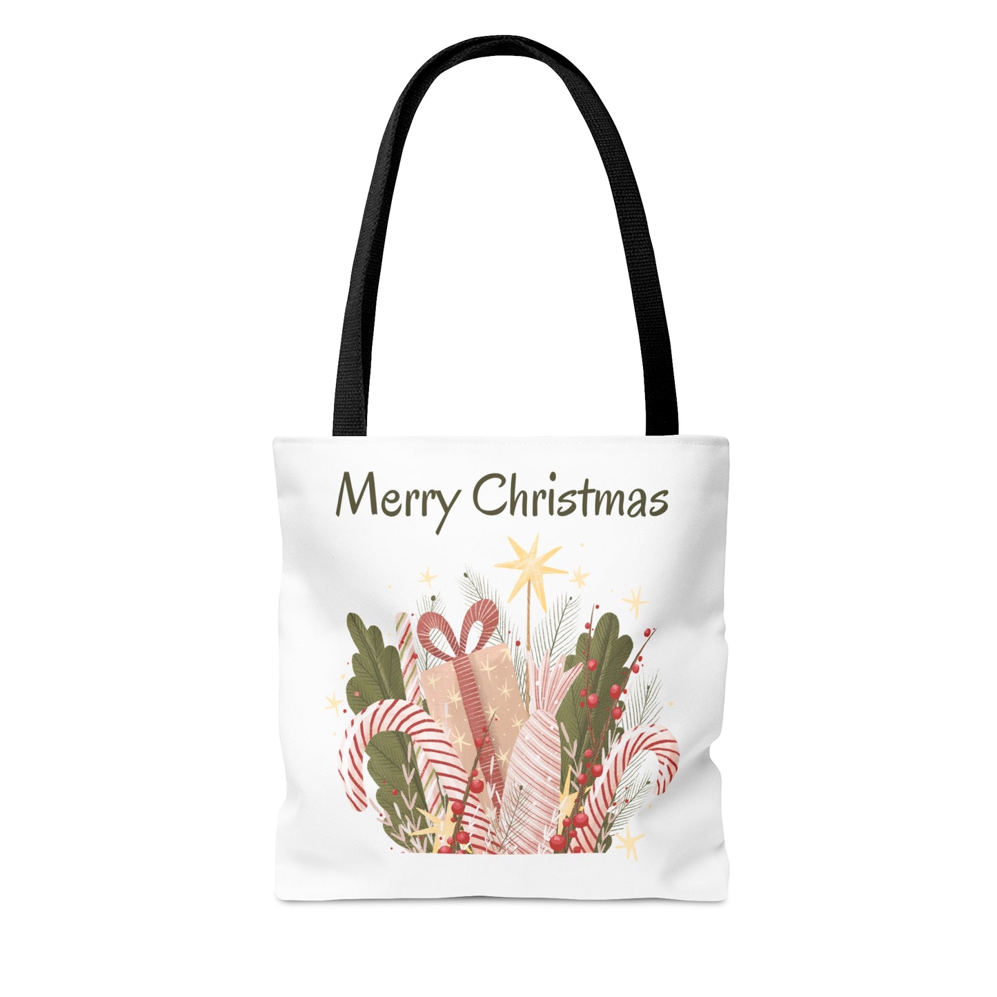 Christmas Tote Bag with “Merry Christmas” Gift Design – Durable All-Over Print Holiday Carryall in 3 Sizes