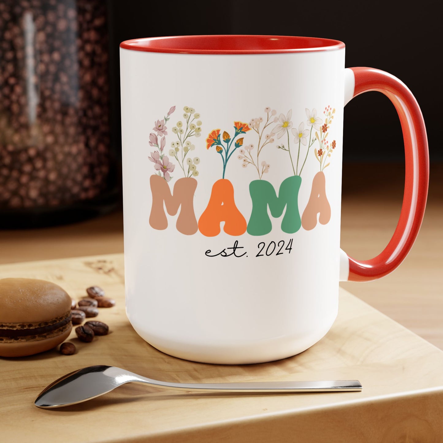 Mama est. Ceramic Coffee Mug – Boho Floral Personalized Mom Gift, 15oz