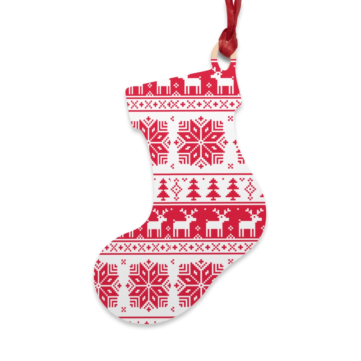 Nordic Bell-Shaped Wooden Ornament – Red & White Reindeer Pattern – Magnetic Holiday Decor with Ribbon
