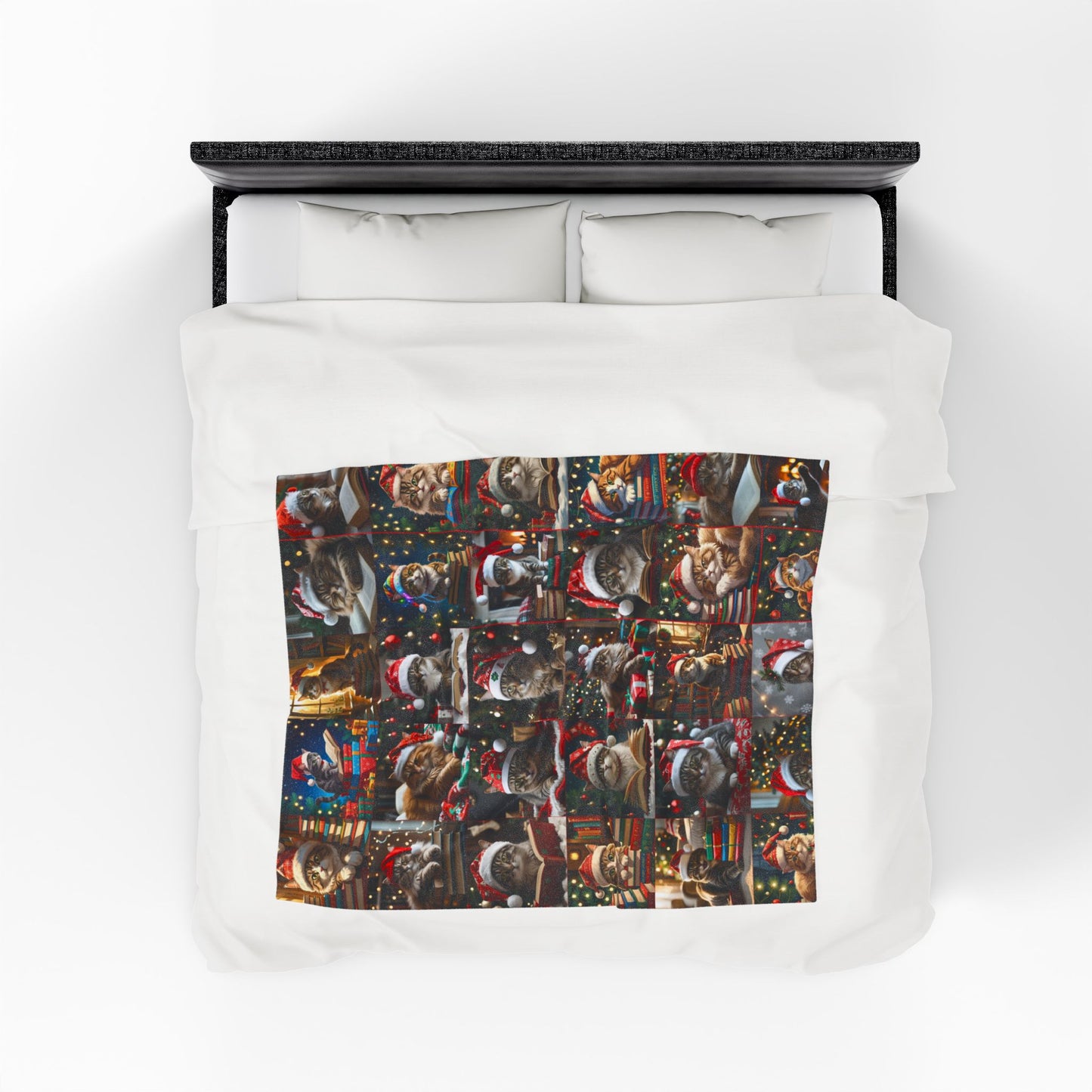 Christmas Cats Reading Blanket, Velveteen Plush Holiday Throw with Santa Hat Kitties & Books