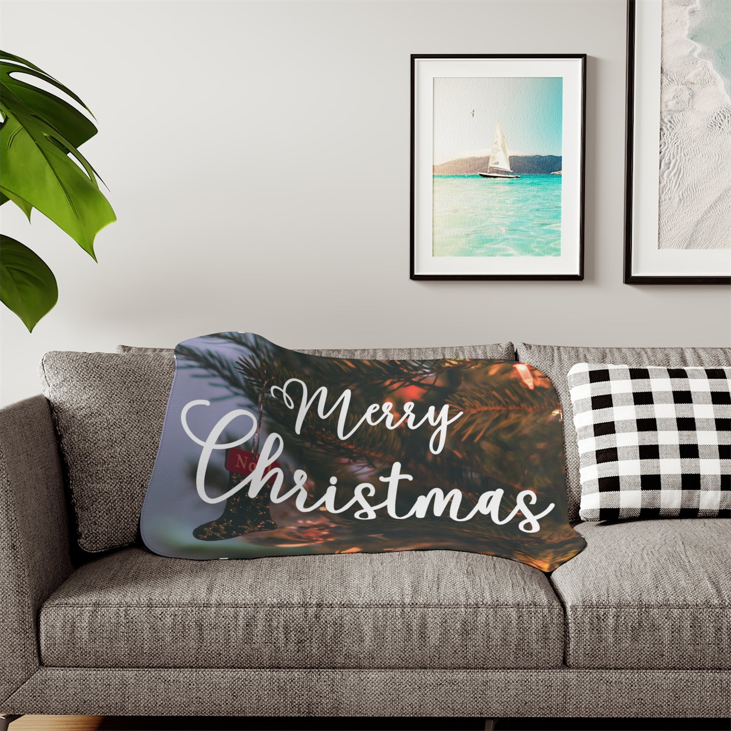 Merry Christams with Ornaments Printed Sherpa Blanket