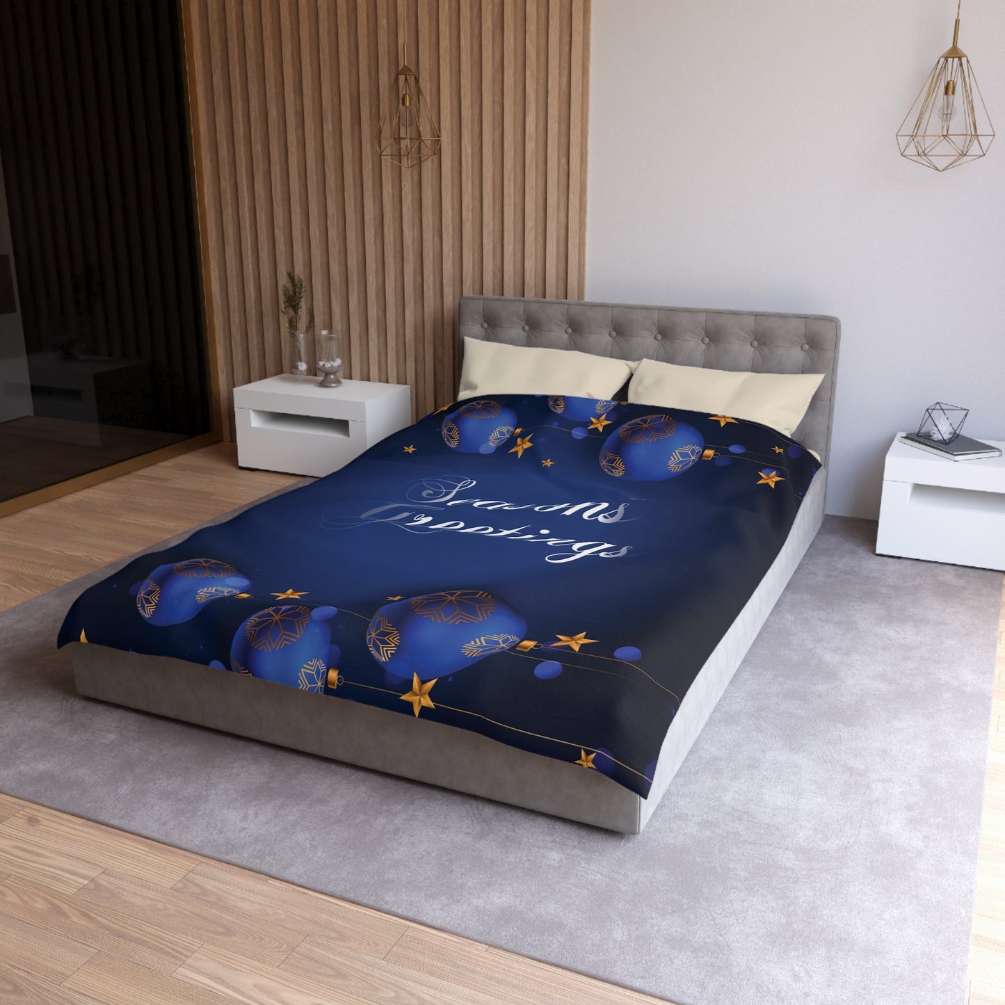 Seasons Greetings Microfiber Duvet Cover for Chirtsmas Gift, Dark Blue