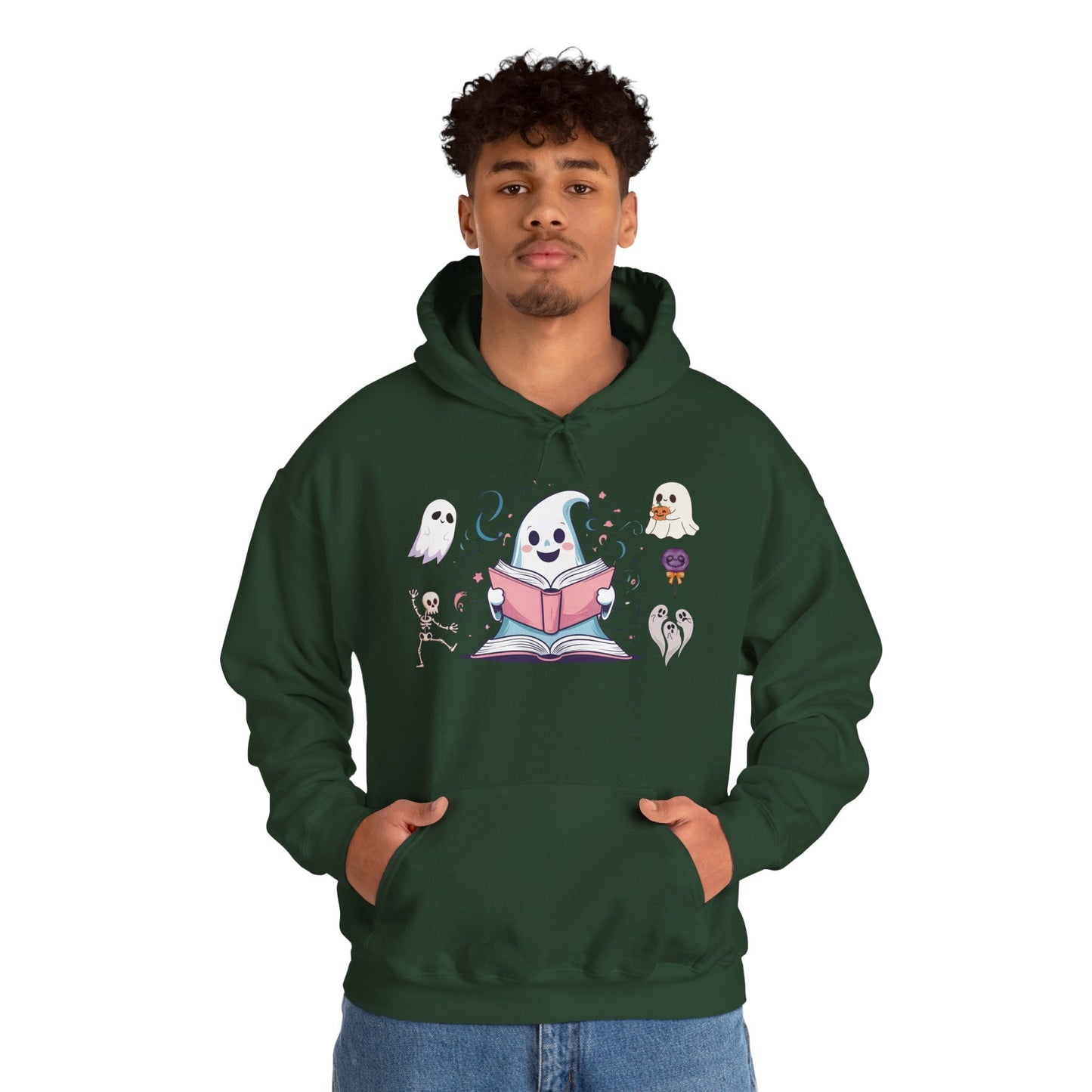 Cute Ghost Reading Hoodie – Whimsical Halloween Sweatshirt for Book Lovers