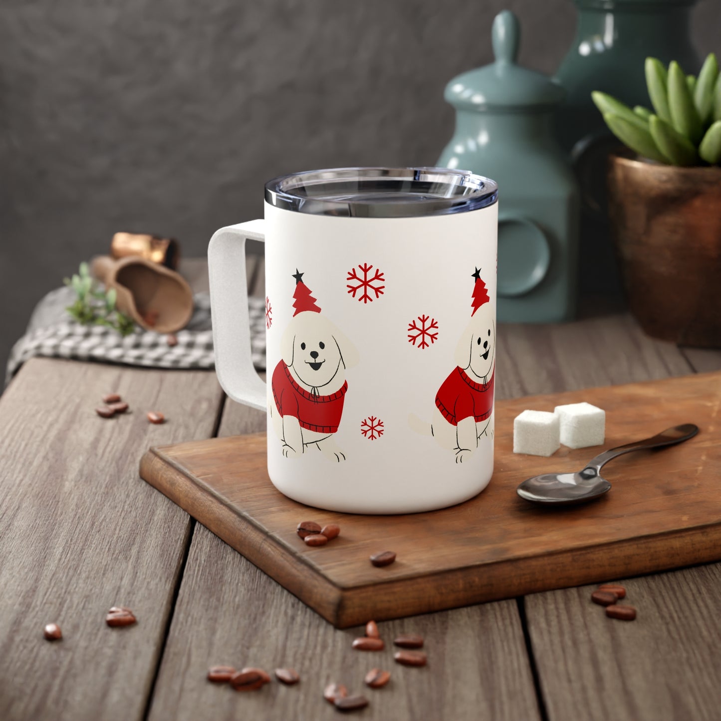 10oz Insulated Travel Mug – Festive Dog in Red Sweater & Hat, Stainless Steel, Holiday Snowflake Design