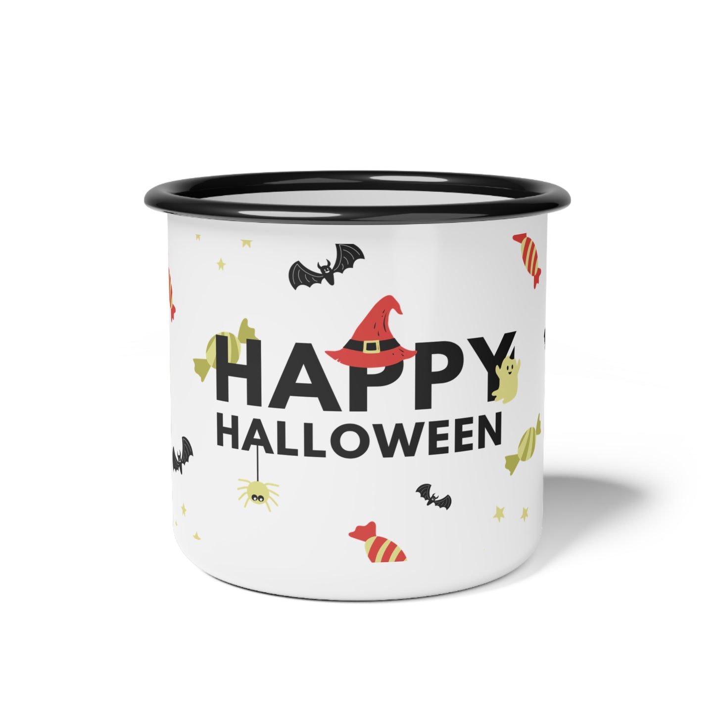 Happy Halloween Enamel Camp Cup – Playful Witch, Ghosts, and Candy Design