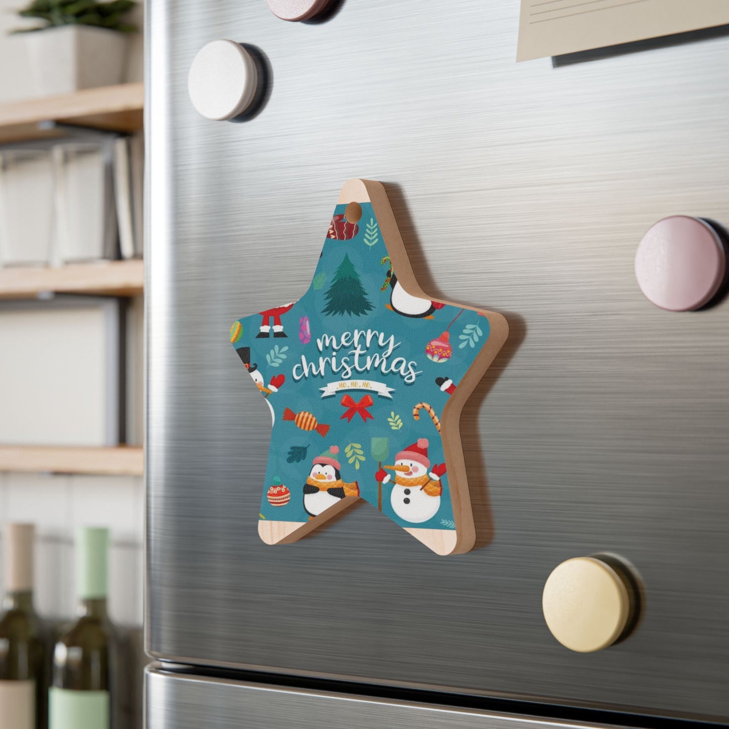 Wooden Ornament – Blue Christmas Stocking with Santa, Snowman & Penguin – Magnetic Holiday Decor with Ribbon