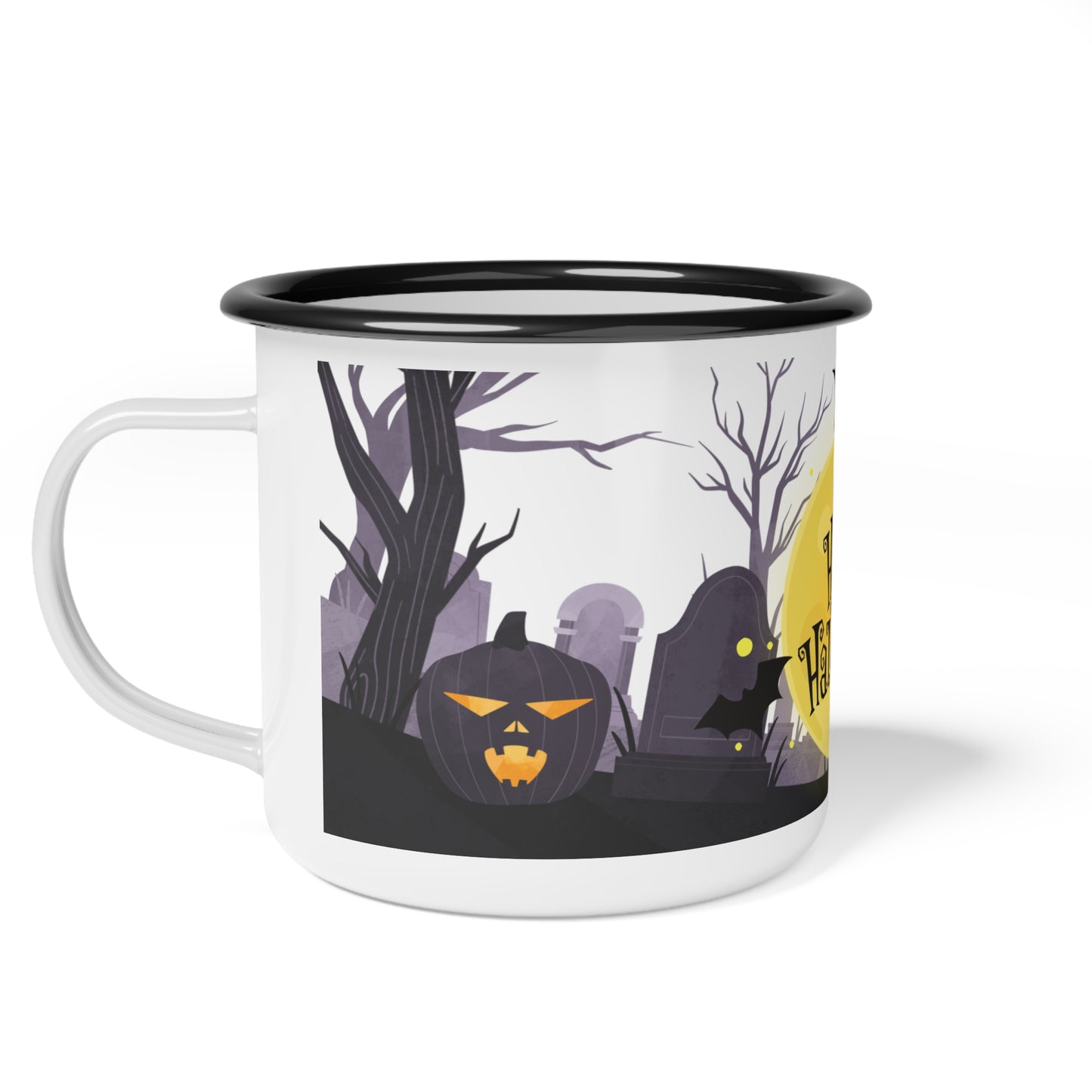 Happy Halloween Enamel Camp Cup – Whimsical Moon and Graveyard Design