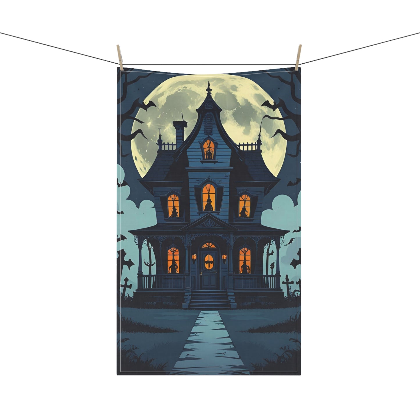 Victorian Haunted House Halloween Tea Towel – Spooky Graveyard Scene