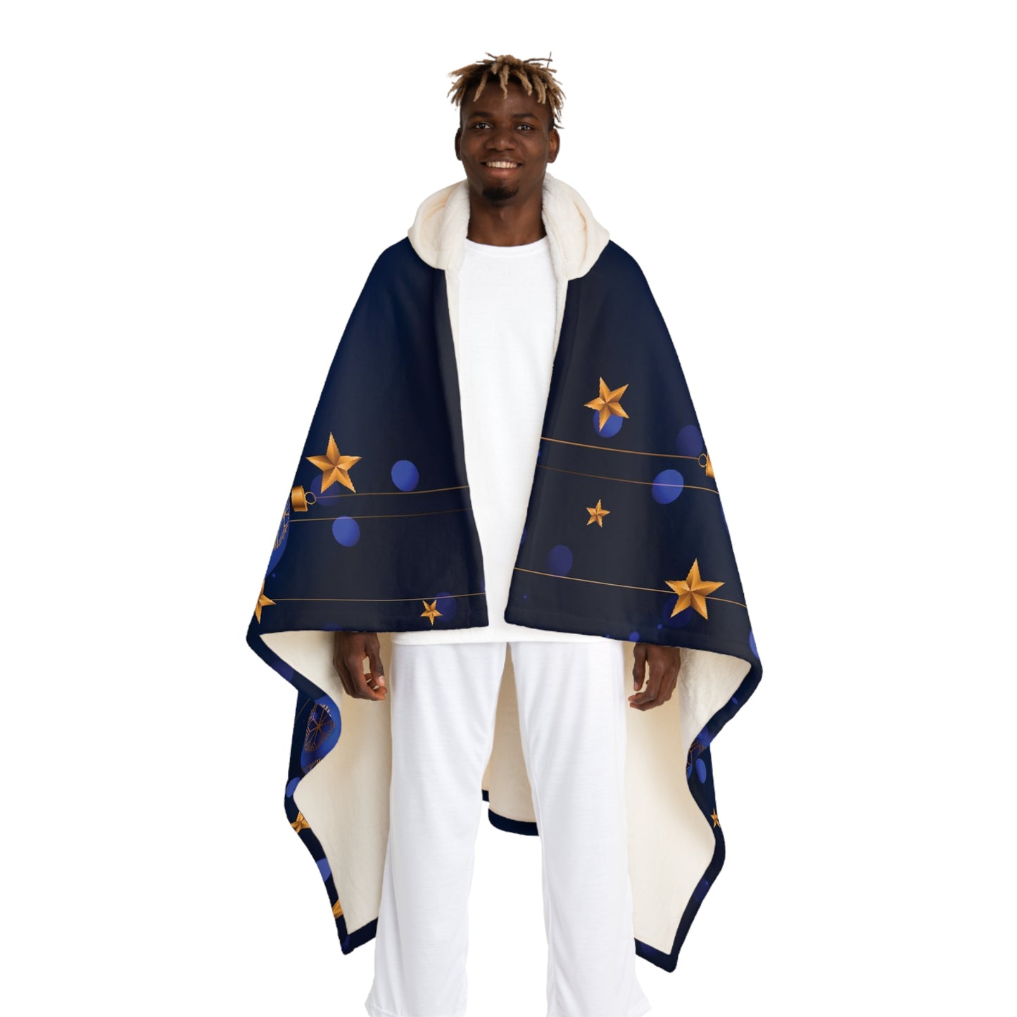 Sherpa Hooded Blanket – Dark Blue with Gold Ornaments & “Merry Christmas Happy New Year” Text – Cozy Holiday Gift