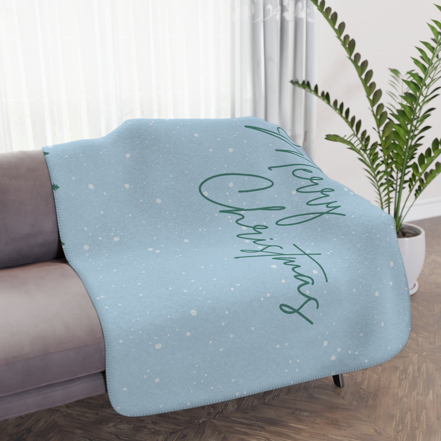 Merry Christmas with Trees Printed Sherpa Blanket, Sky Blue