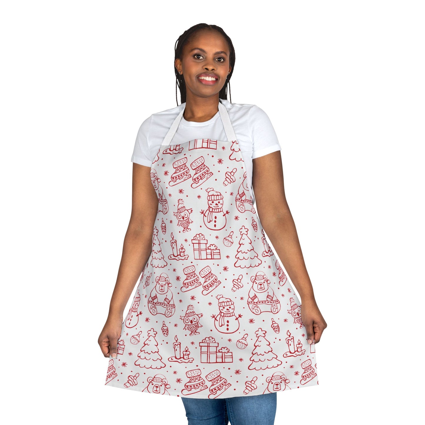 Festive Christmas Apron with Red Holiday Illustrations and Adjustable Straps