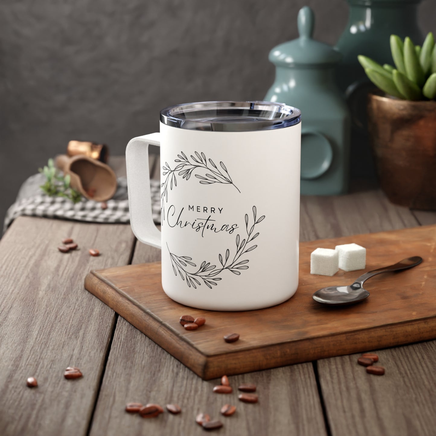 10oz Travel Mug, “Merry Christmas” Wreath Design, Gift for Holiday Season