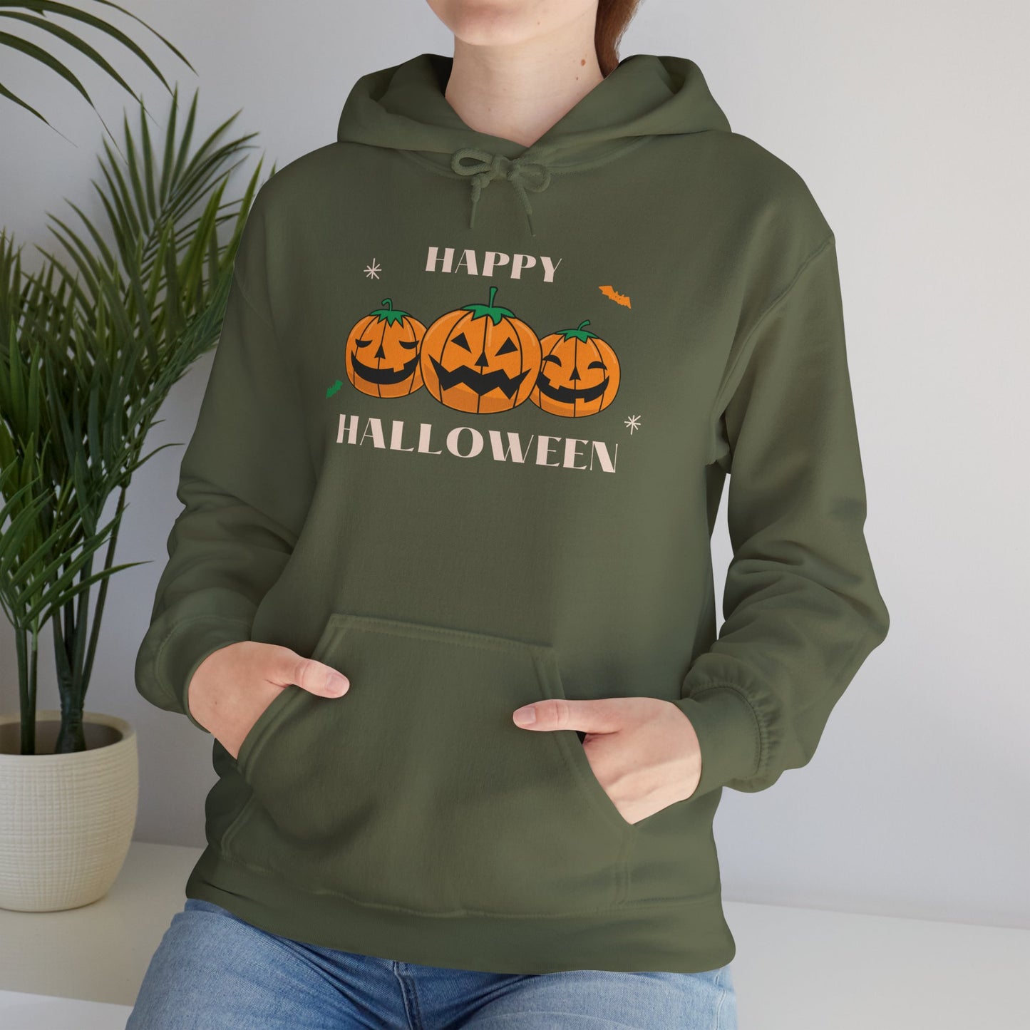 Happy Halloween" Pumpkin Trio Hoodie – Festive & Cozy for Spooky Season