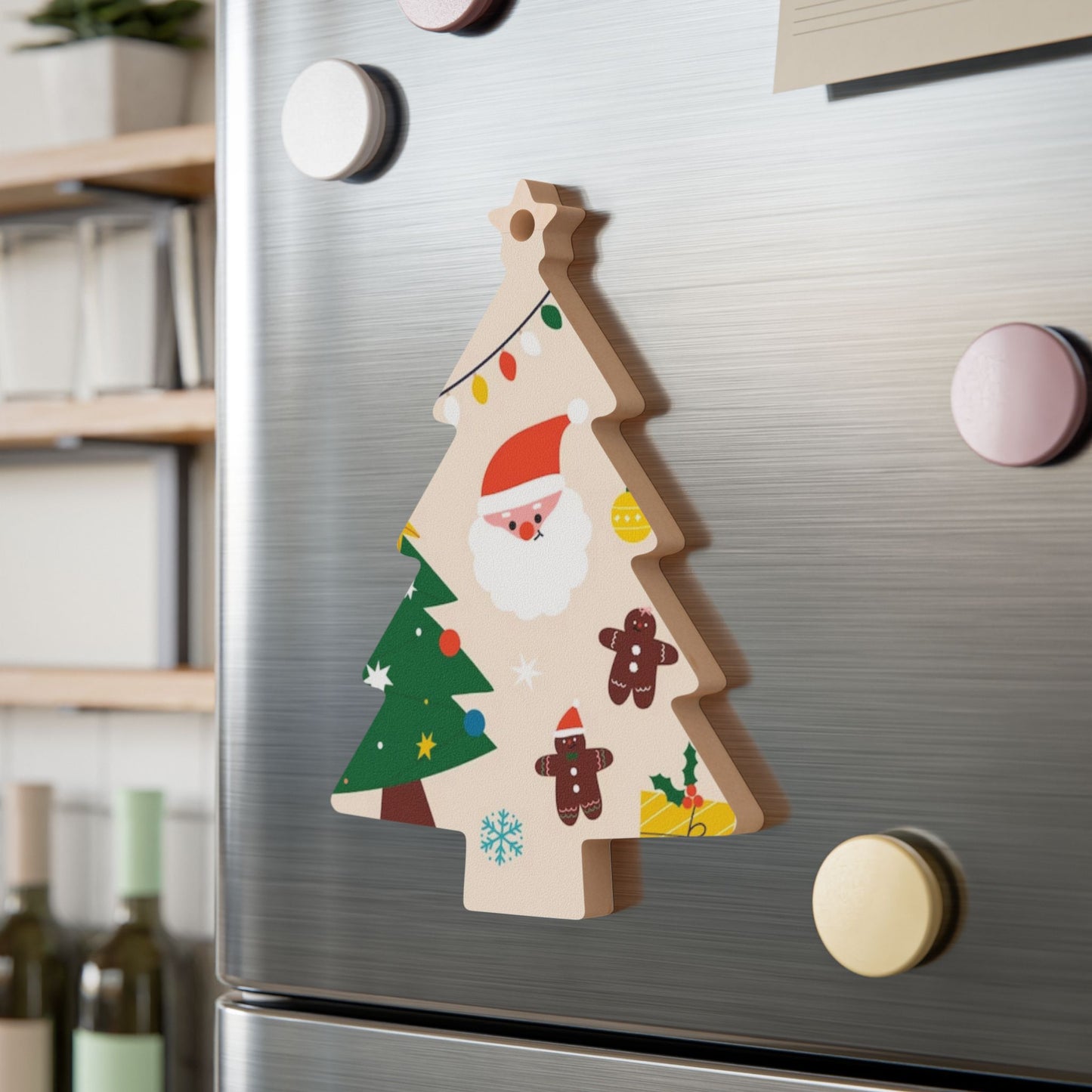 Wooden Bell Ornament – Green Christmas Design with Wreaths, Gingerbread & Santa Hat – Rustic Holiday Décor with Magnetic Back
