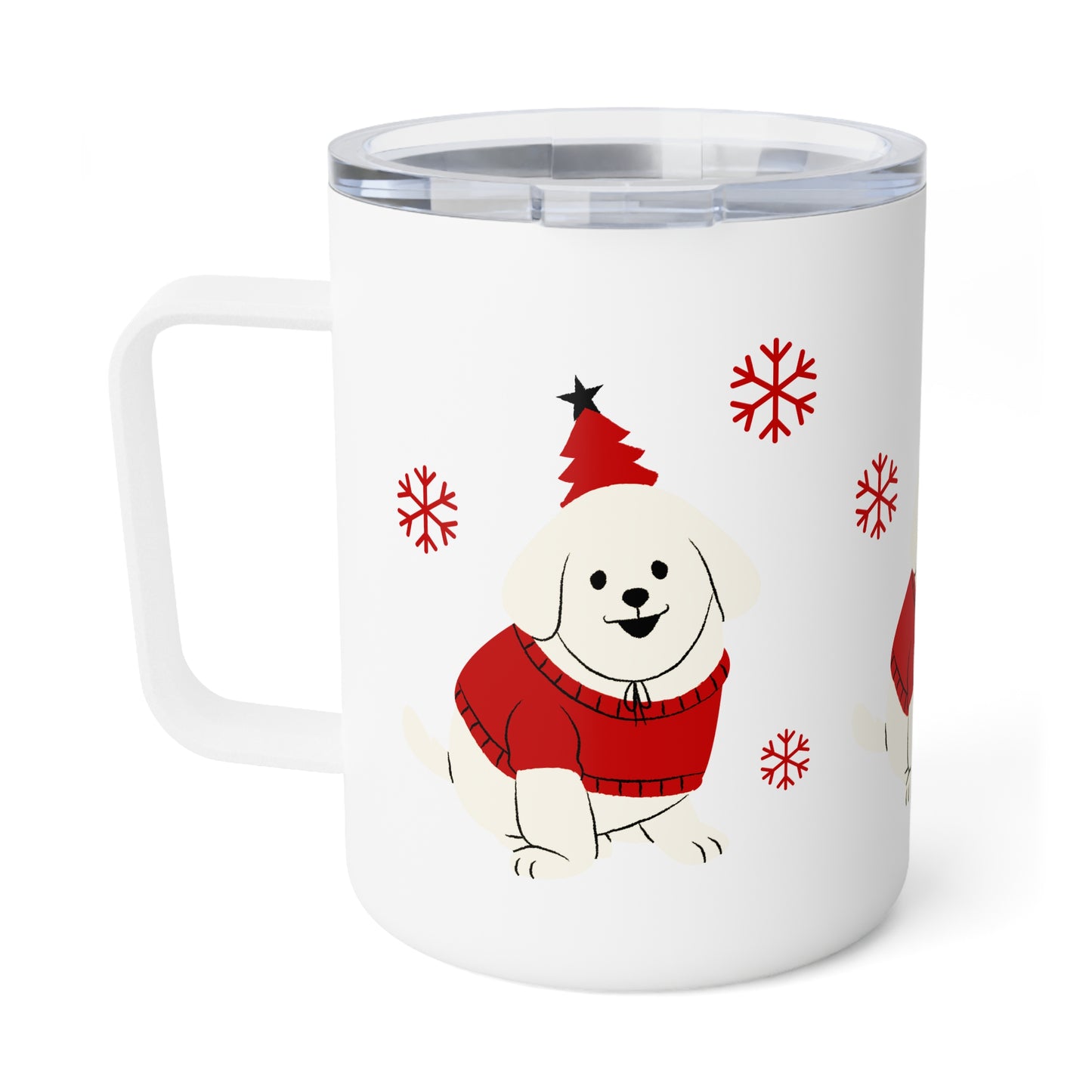 10oz Insulated Travel Mug – Festive Dog in Red Sweater & Hat, Stainless Steel, Holiday Snowflake Design