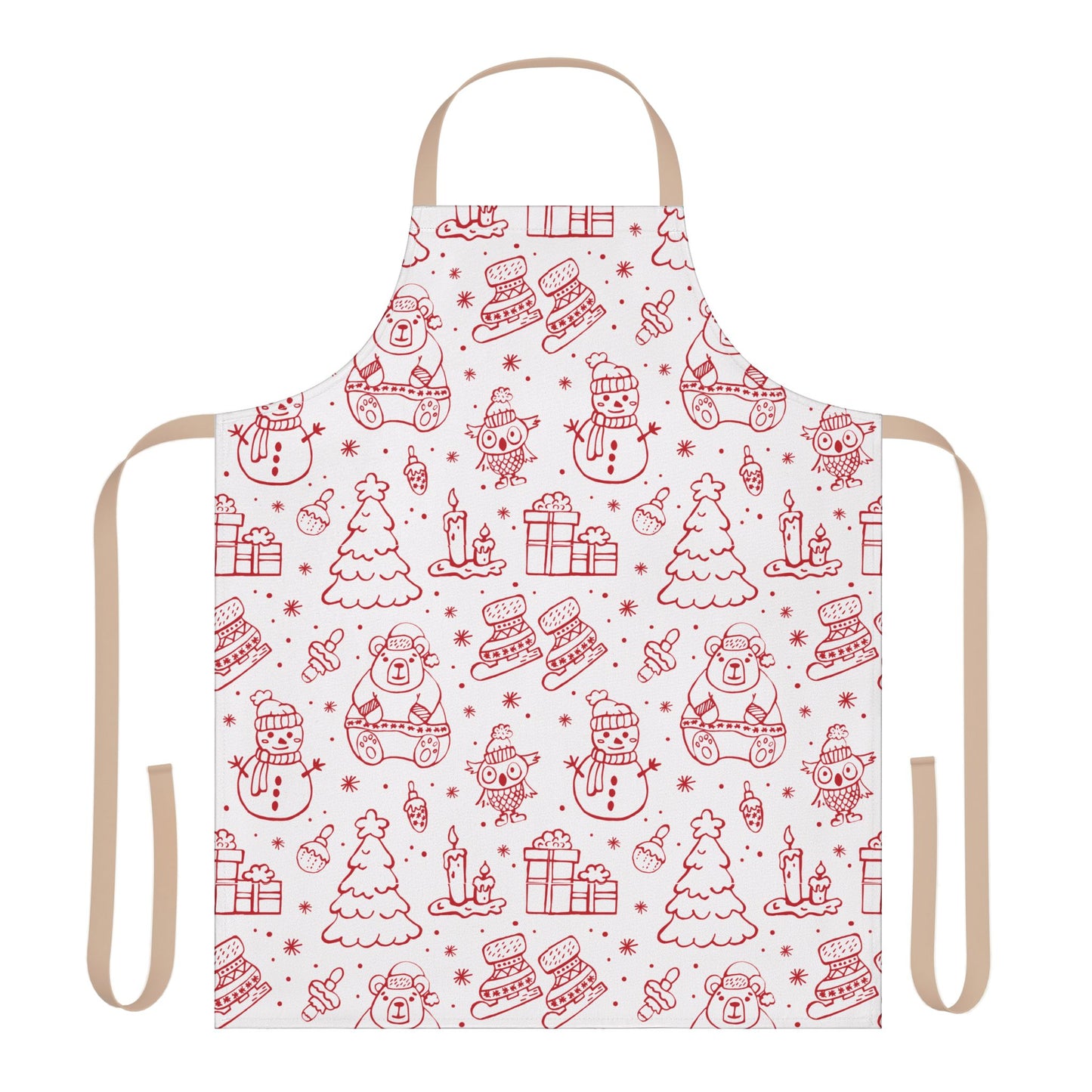 Festive Christmas Apron with Red Holiday Illustrations and Adjustable Straps