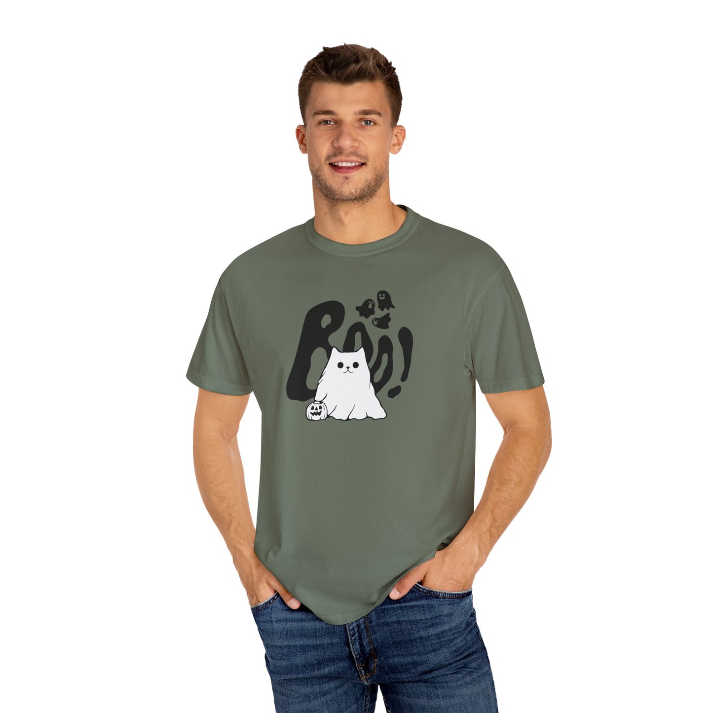 BOO Ghost Cat T-shirt– Pumpkin Purrfection for Halloween