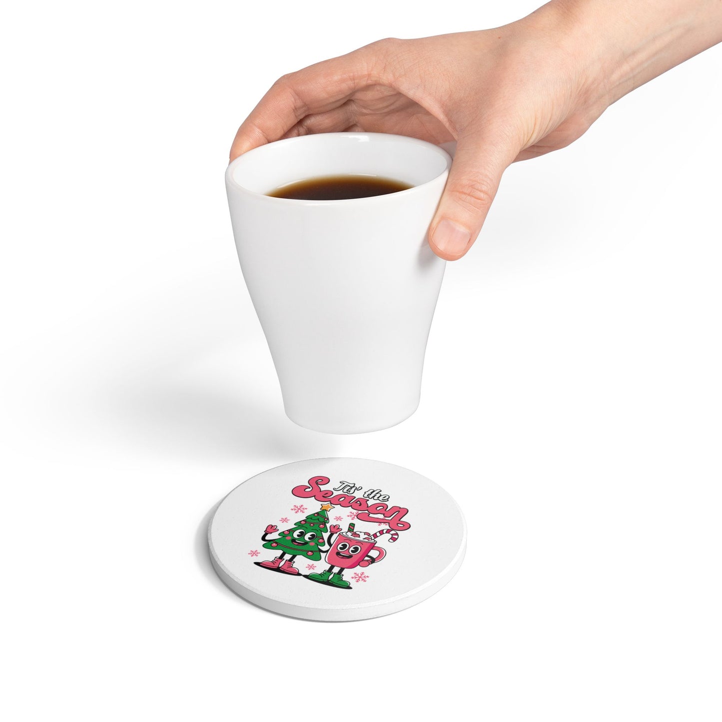 Festive Christmas Coaster with Cartoon Tree and Holiday Cup