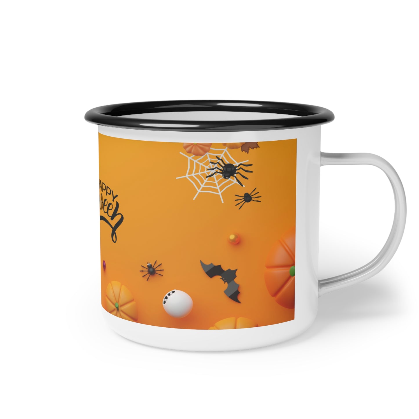 Halloween Enamel Camp Cup – Spooky Orange Design with Ghosts and Pumpkins