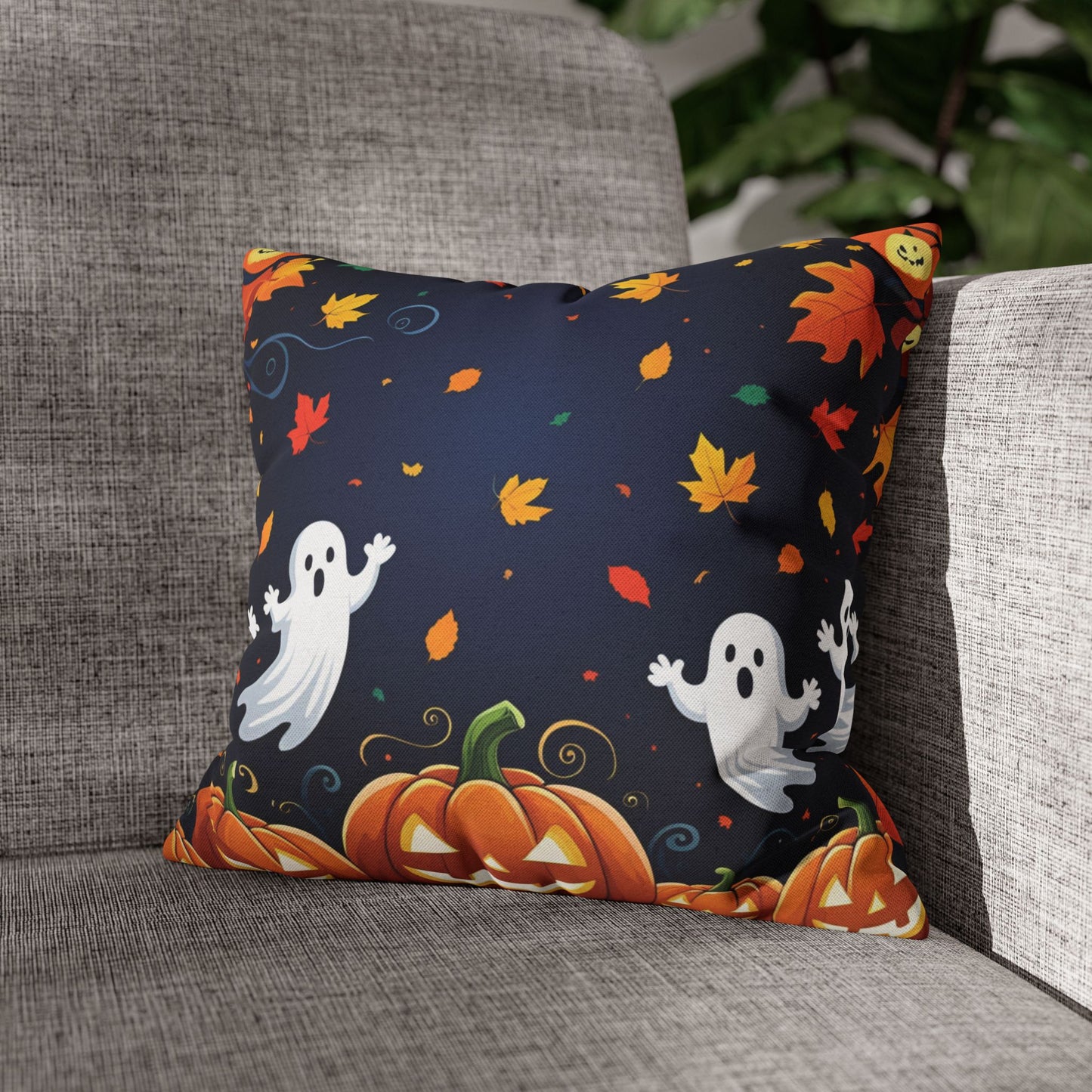 Fall Halloween Pillowcase with Pumpkins, Ghosts & Autumn Leaves – Festive Throw Pillow Cover for Seasonal Home Decor