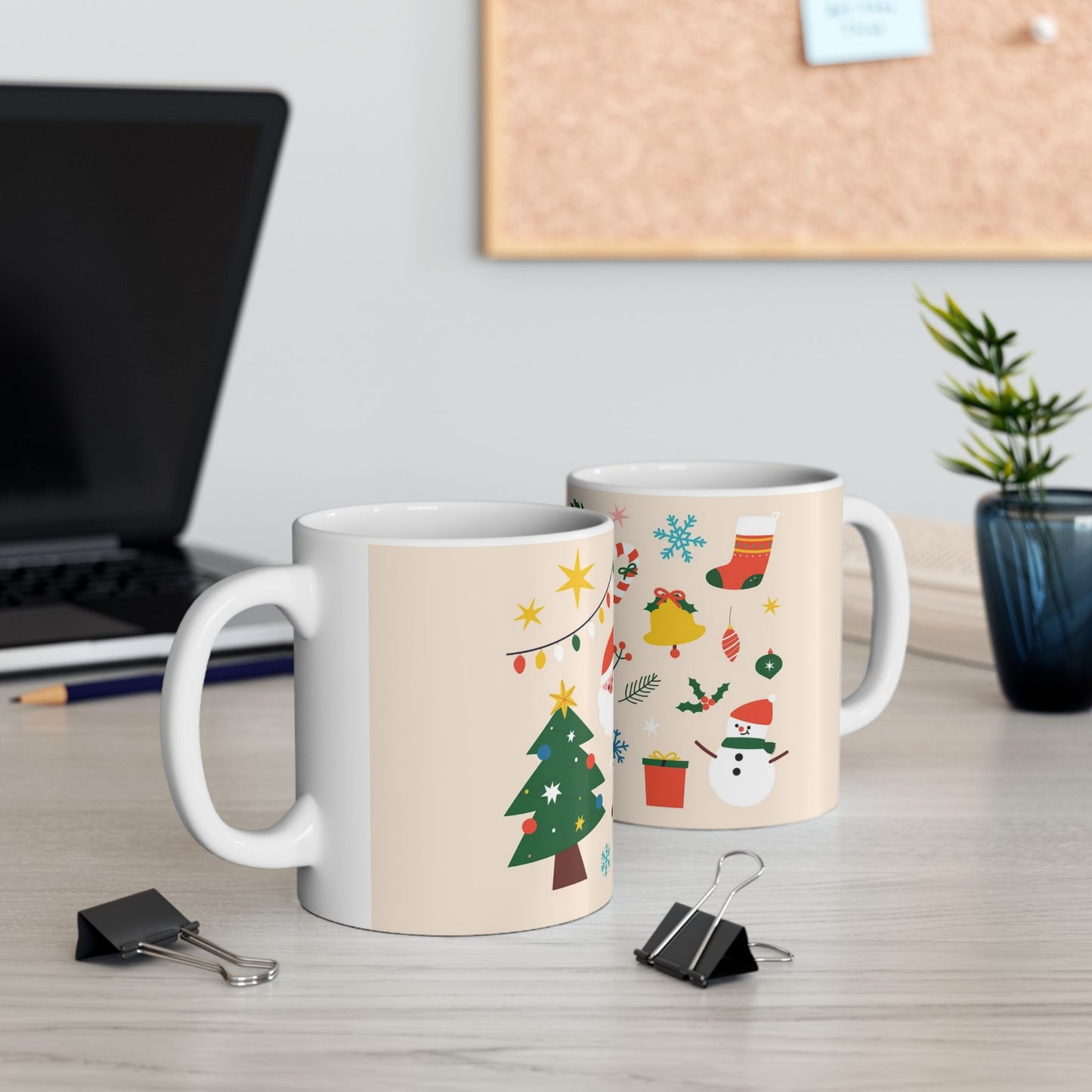 Ceramic Mug – Christmas Icons with Santa, Gingerbread Men & Wreaths – 11oz Festive Gift for Coffee & Cocoa Lover