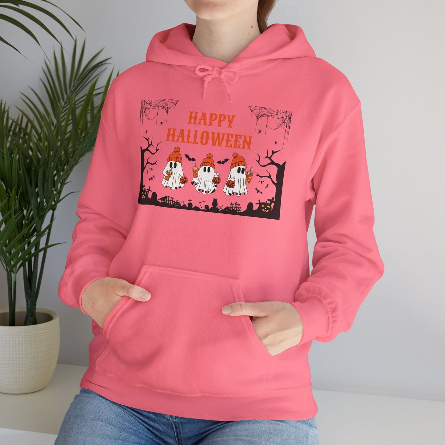 Happy Halloween” Ghost Hoodie – Pumpkin Parade in Haunted Forest