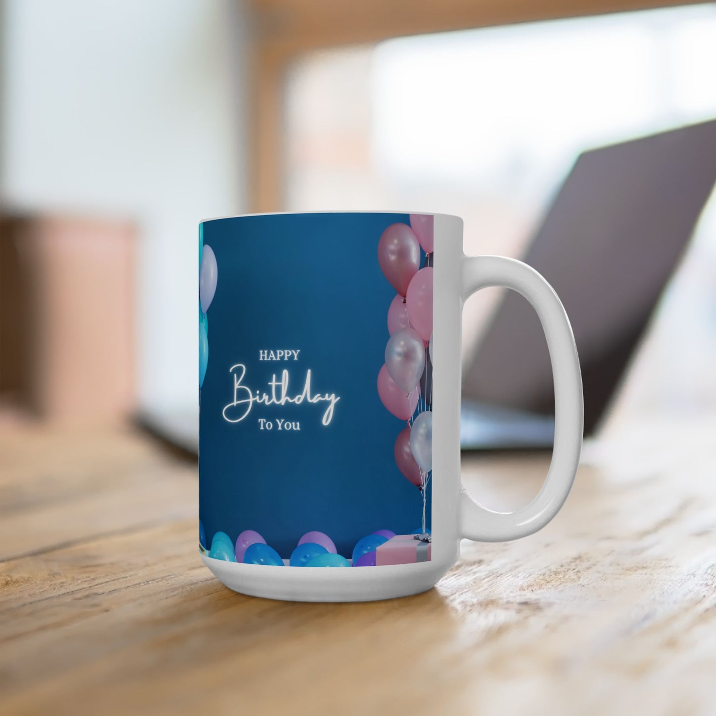 Happy Birthday Printed Ceramic Mugs, Blue, 15oz