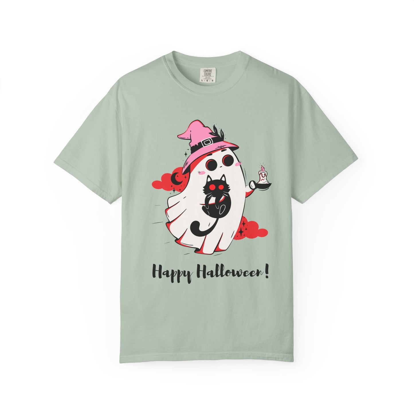 Ghostly Glam T-Shirt - Witchy Whimsy with Cat Companion