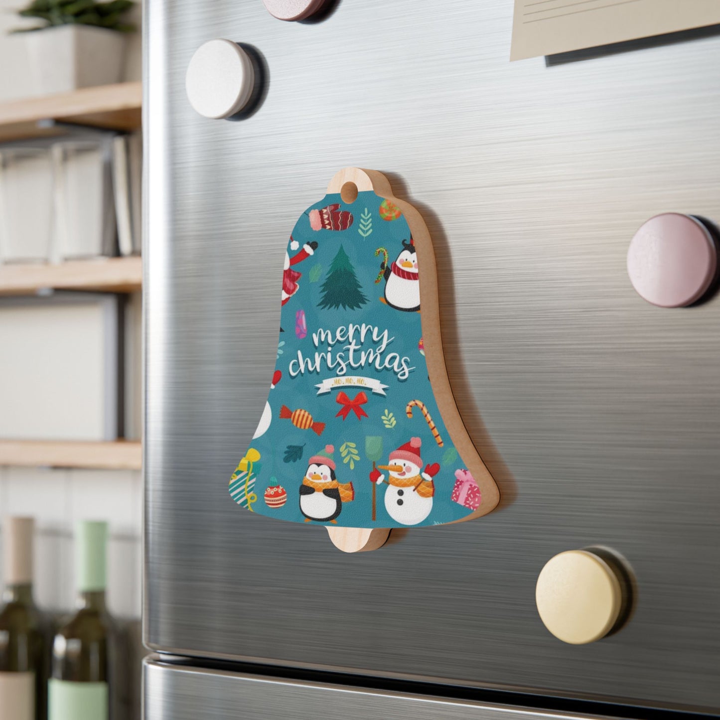 Wooden Ornament – Blue Christmas Stocking with Santa, Snowman & Penguin – Magnetic Holiday Decor with Ribbon