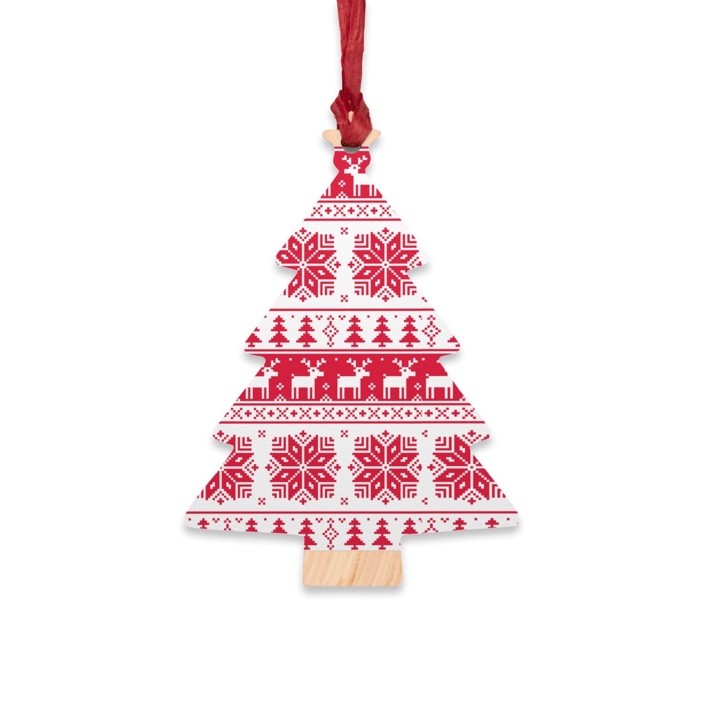 Nordic Bell-Shaped Wooden Ornament – Red & White Reindeer Pattern – Magnetic Holiday Decor with Ribbon