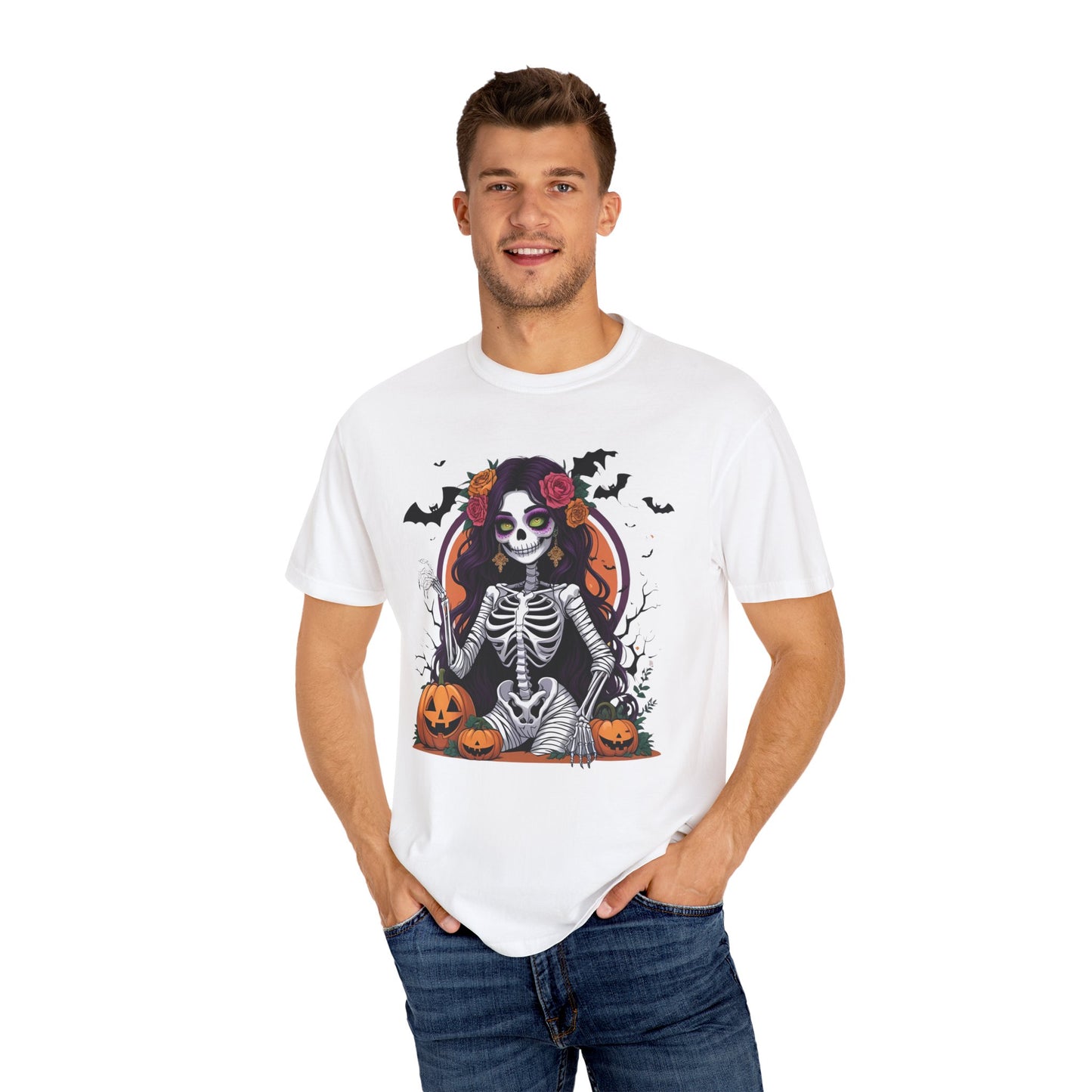 Sitting Skeleton Girl Tee – Gothic Halloween Shirt with Floral Crown