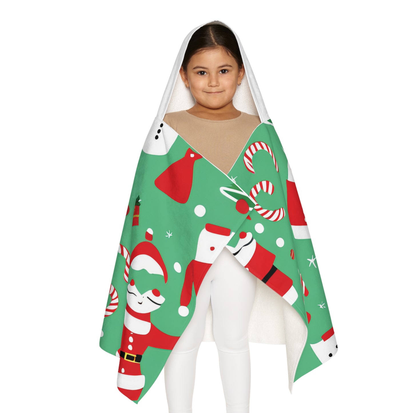 Kids’ Towel Hoodie – Green Christmas Design with Santa, Snowmen & Candy Canes – Soft Holiday Bath & Beach Wrap