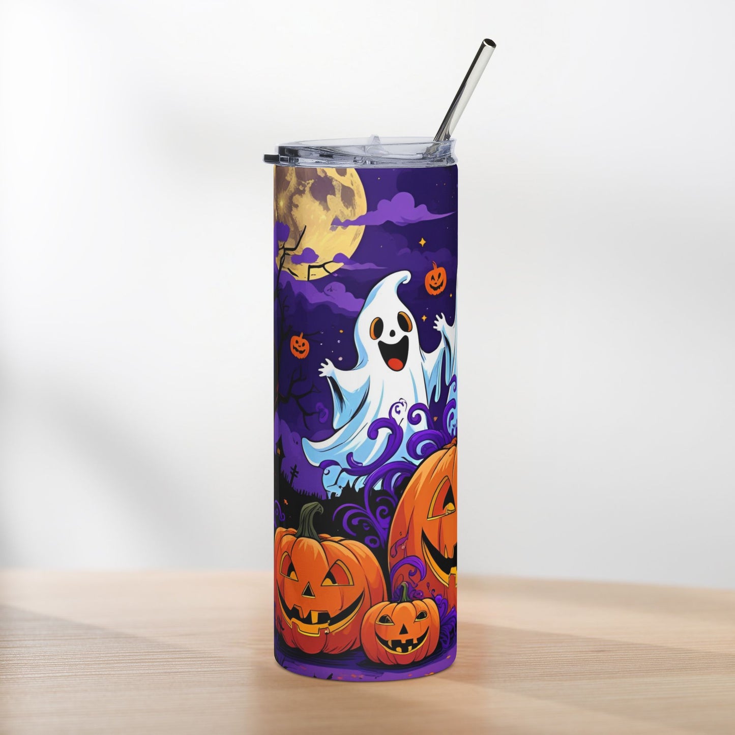 Smiling Ghost & Pumpkin Halloween Tumbler – Festive Purple Swirl Design