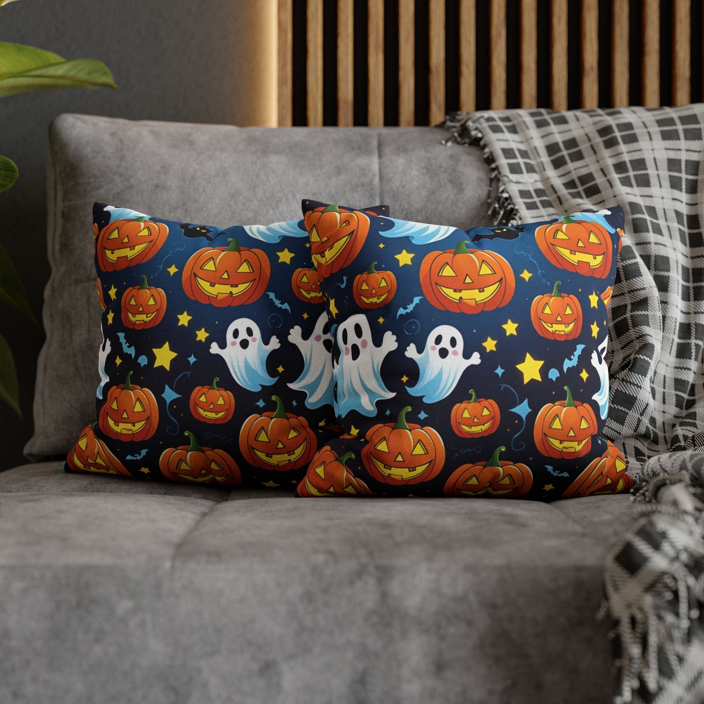 Playful Halloween Pillowcase with Jack-o'-Lanterns, Ghosts & Stars – Fun Halloween Throw Pillow Cover