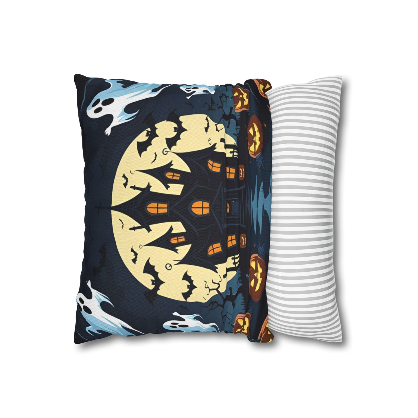 Haunted House Halloween Pillowcase with Ghosts, Bats & Pumpkins – Spooky Throw Pillow Cover for Halloween Home Decor