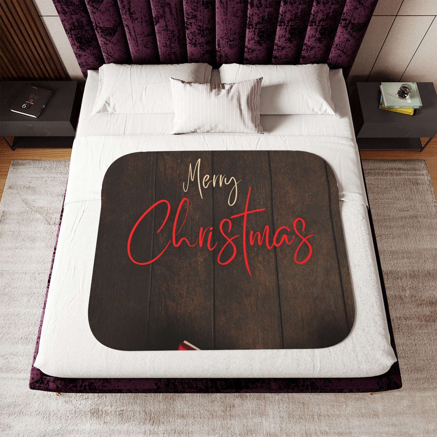 Merry Christmas Printed Sherpa Blanket, Coffee