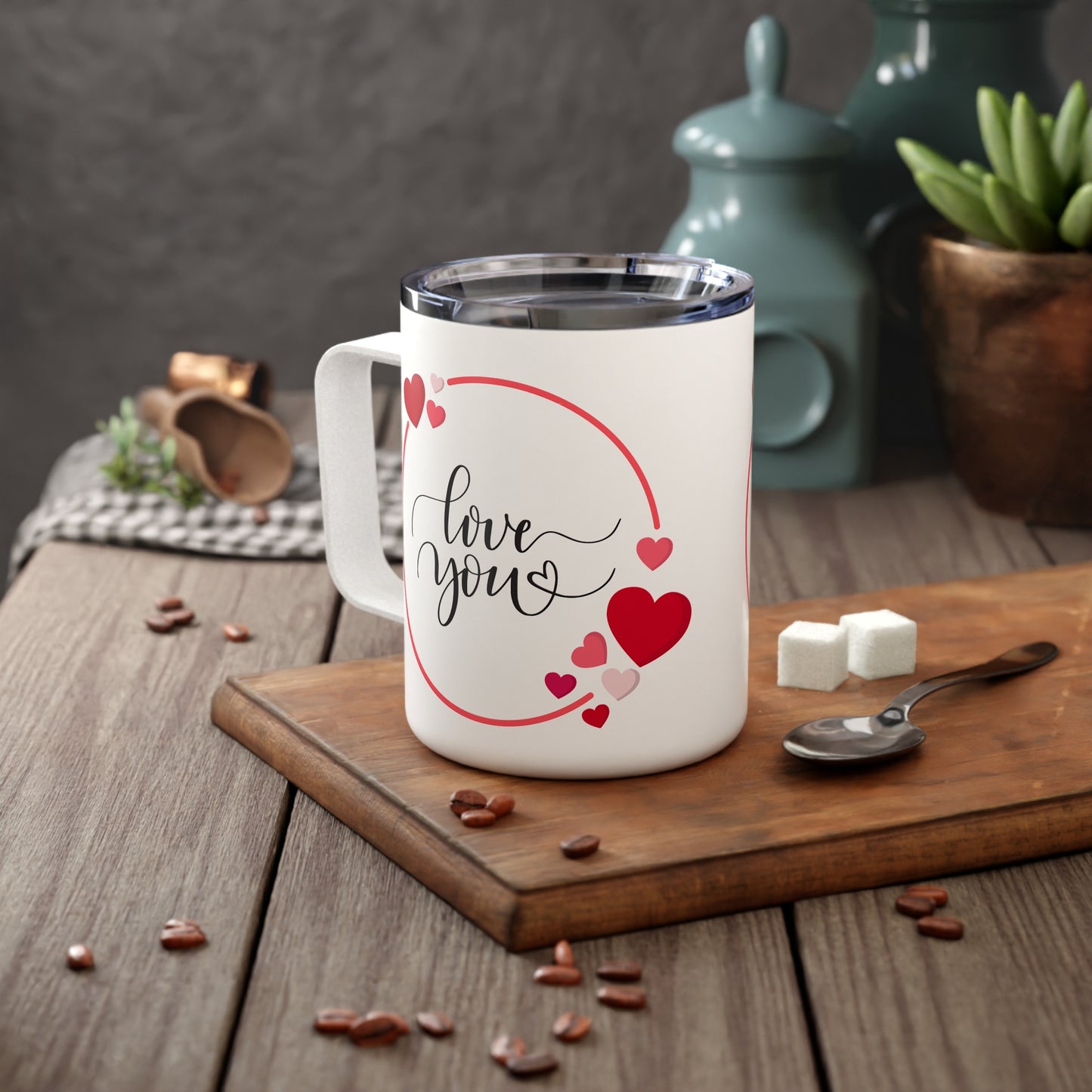 10oz Stainless Steel Travel Mug with “Love You” Heart Design, Romantic Gift for Valentine’s Day or Anniversary
