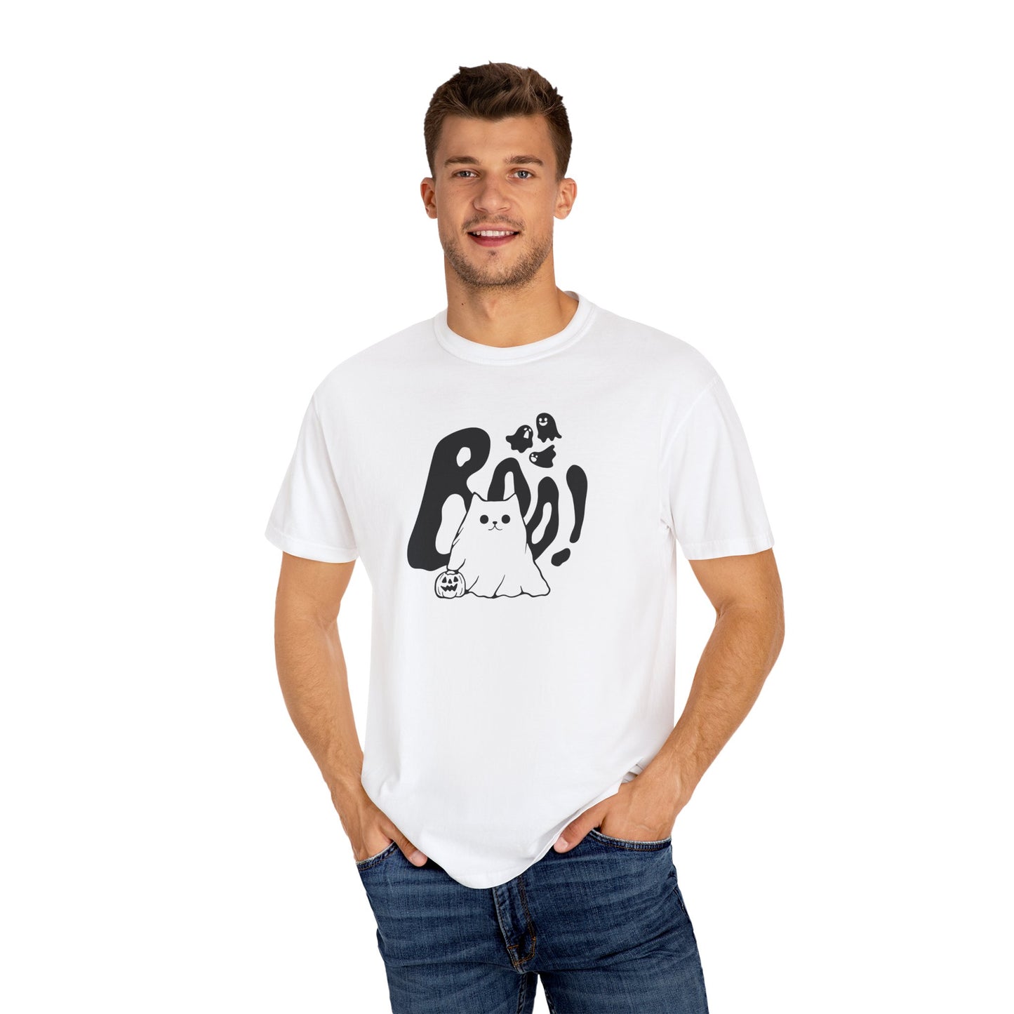 BOO Ghost Cat T-shirt– Pumpkin Purrfection for Halloween